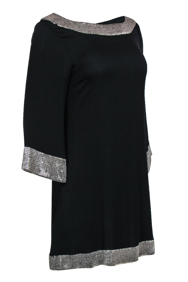 Current Boutique-Alice & Olivia - Black Long Sleeve Shift Dress w/ Silver Beaded Trim Sz M