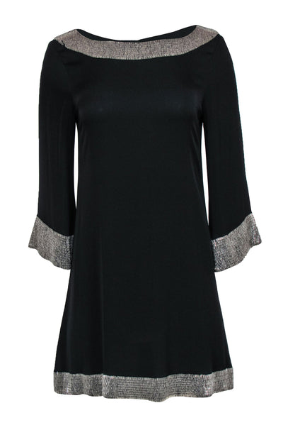 Current Boutique-Alice & Olivia - Black Long Sleeve Shift Dress w/ Silver Beaded Trim Sz M
