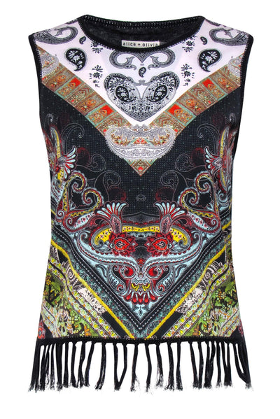 Current Boutique-Alice & Olivia - Black & Multicolor Bohemian Print Knit Tank w/ Fringed Trim Sz S