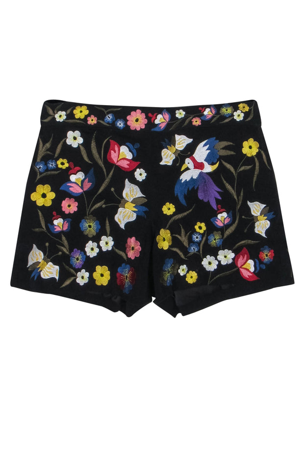 Current Boutique-Alice & Olivia - Black & Multicolor Floral Embroidered High Waisted Short Sz 2