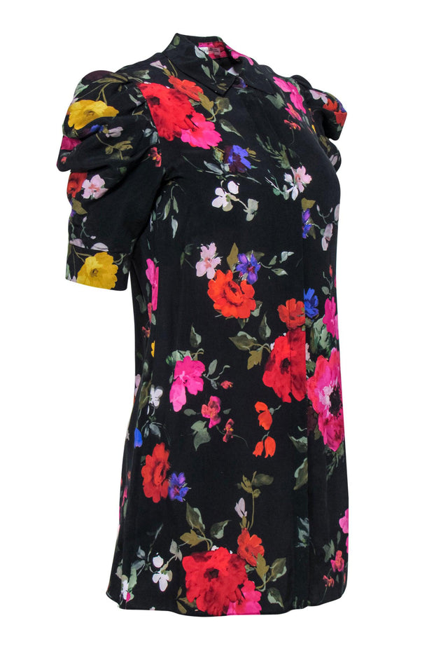 Current Boutique-Alice & Olivia - Black & Multicolor Floral Print Puff Sleeve Button-Up Dress Sz XS