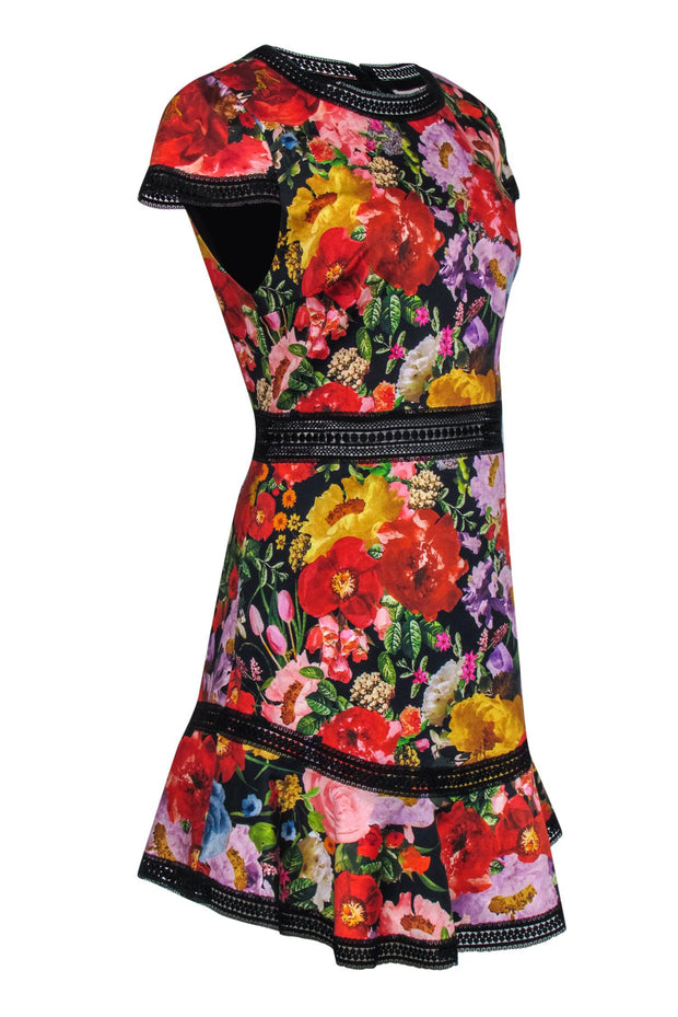 Current Boutique-Alice & Olivia - Black & Multicolor Floral Print Sheath Dress w/ Lace Trim Sz 10