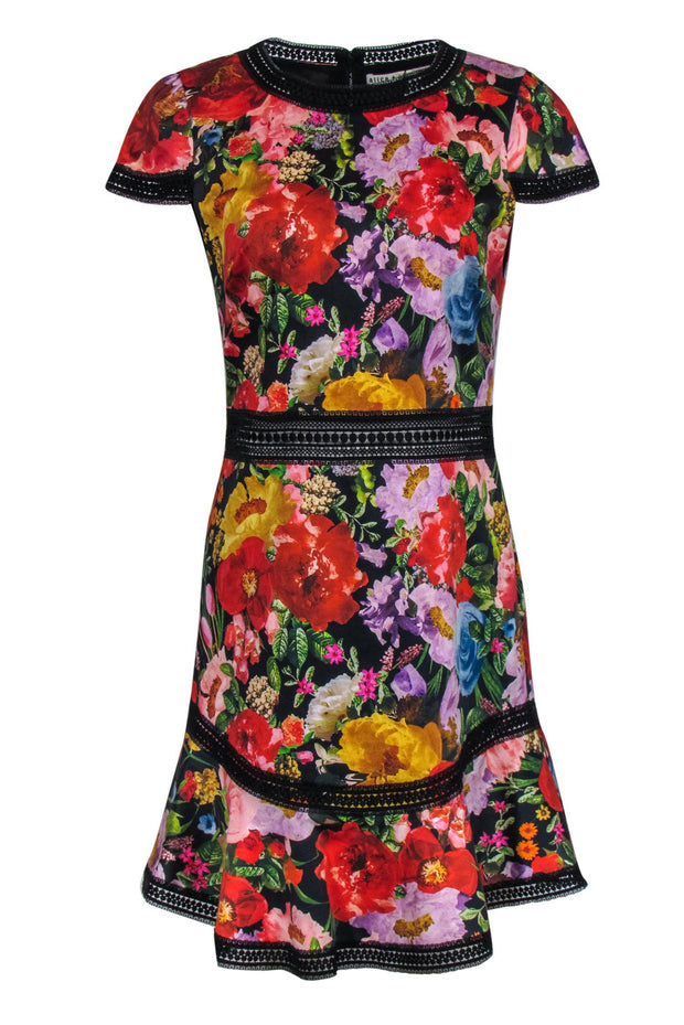 Current Boutique-Alice & Olivia - Black & Multicolor Floral Print Sheath Dress w/ Lace Trim Sz 10