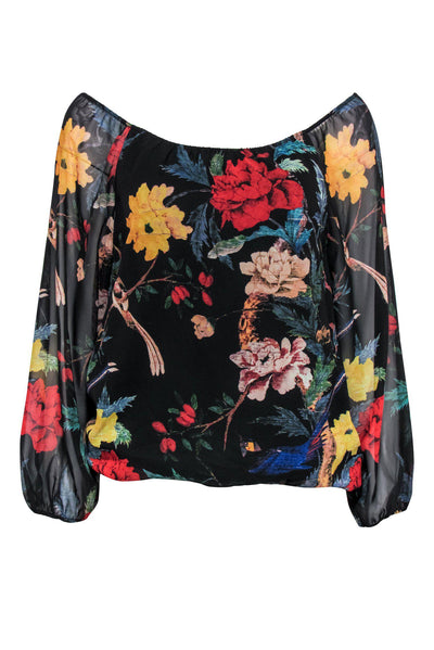 Current Boutique-Alice & Olivia - Black & Multicolored Floral Print Off-the-Shoulder Blouse Sz XS