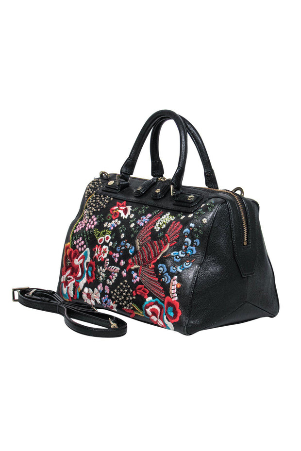 Current Boutique-Alice & Olivia - Black Pebbled Leather Convertible Crossbody Satchel w/ Embroidery & Beaded Design