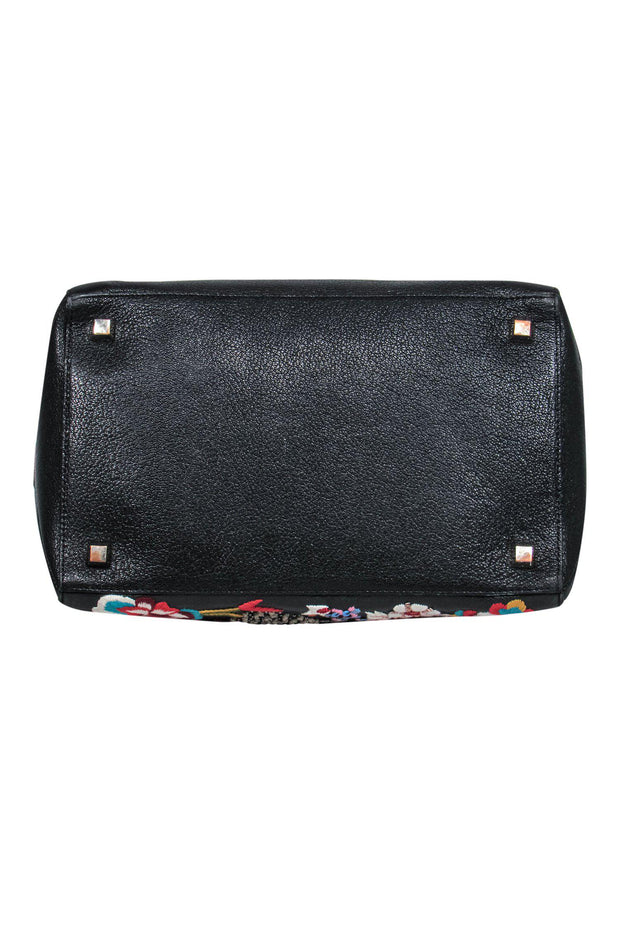Current Boutique-Alice & Olivia - Black Pebbled Leather Convertible Crossbody Satchel w/ Embroidery & Beaded Design