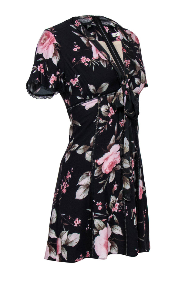 Current Boutique-Alice & Olivia - Black & Pink Floral Print Babydoll Dress w/ Lace Trim Sz 2