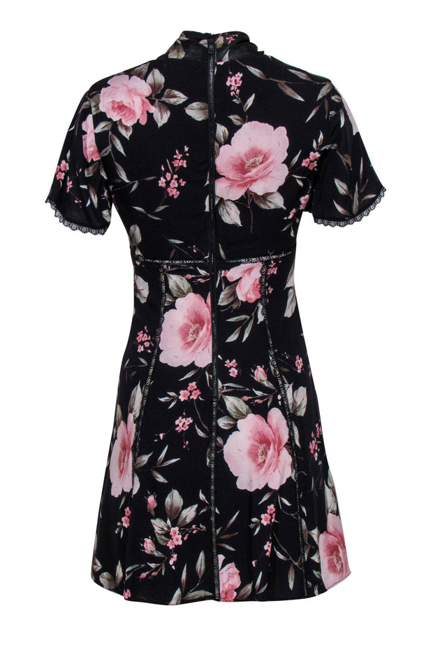 Current Boutique-Alice & Olivia - Black & Pink Floral Print Babydoll Dress w/ Lace Trim Sz 2