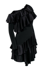 Current Boutique-Alice & Olivia - Black Ruffle One Shoulder Ruffle Dress Sz 6