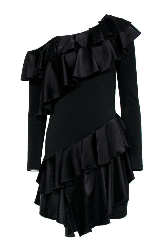 Current Boutique-Alice & Olivia - Black Ruffle One Shoulder Ruffle Dress Sz 6