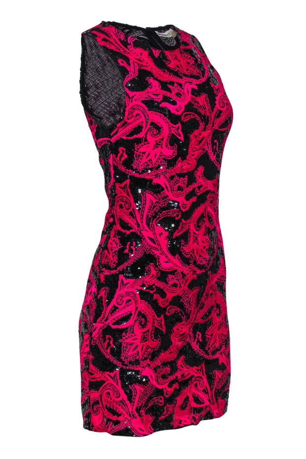 Current Boutique-Alice & Olivia - Black Sequin & Hot Pink Embroidered Sheath Dress Sz 6