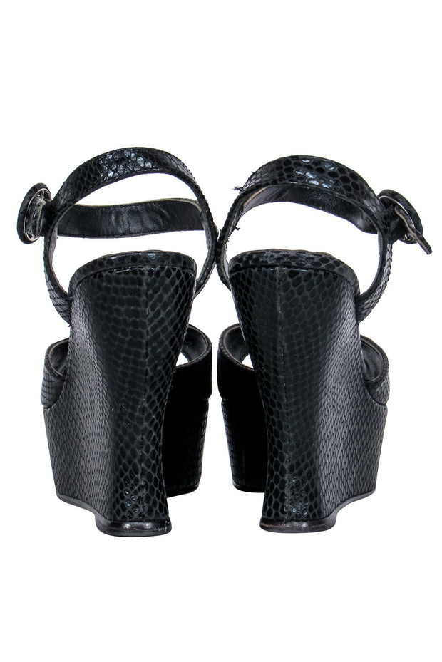 Current Boutique-Alice & Olivia - Black Snakeskin Embossed Peep Toe Wedges Sz 6.5
