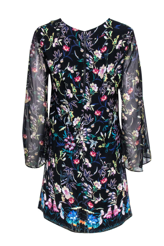 Current Boutique-Alice & Olivia - Black, Teal & Purple Floral Print w/ Sheer Sleeves Sz S