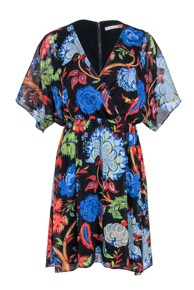 Current Boutique-Alice & Olivia- Black w/ Floral & Leaf Print Short Sleeve Wrap Bodice Dress Sz 4