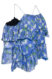 Current Boutique-Alice & Olivia - Blue Floral Print Cold Shoulder Ruffle Blouse Sz SP