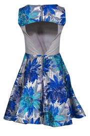 Current Boutique-Alice & Olivia - Blue & Silver Metallic Brocade A-Line Dress w/ Open Back Sz 4