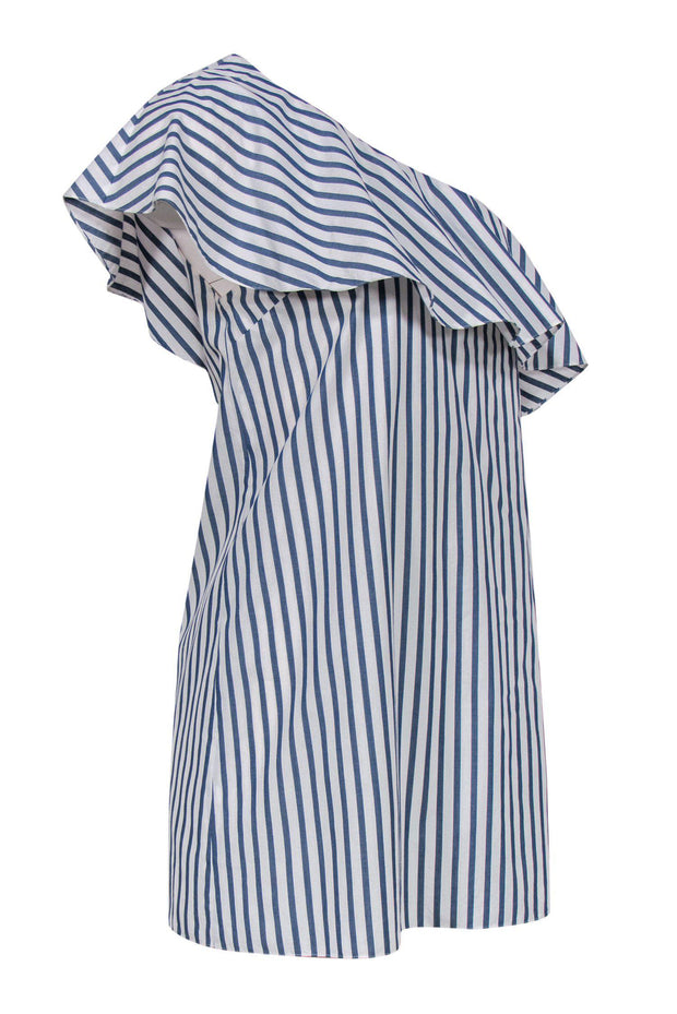 Current Boutique-Alice & Olivia - Blue & White Striped Ruffle Sleeveless One Shoulder Shift Dress Sz M