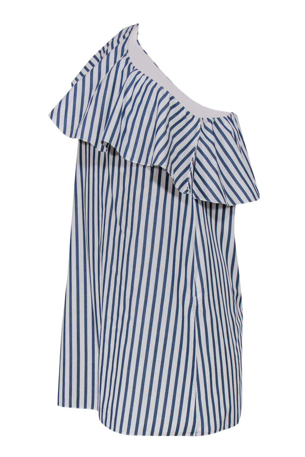 Current Boutique-Alice & Olivia - Blue & White Striped Ruffle Sleeveless One Shoulder Shift Dress Sz M