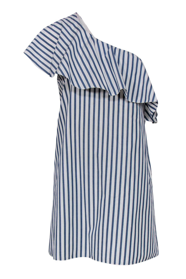 Current Boutique-Alice & Olivia - Blue & White Striped Ruffle Sleeveless One Shoulder Shift Dress Sz M