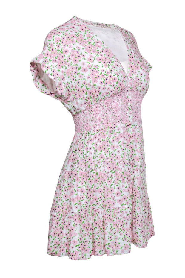 Current Boutique-Alice & Olivia - Blush & Green Disty Floral Print Smocked Waistline Fit & Flare Sundress Sz 2