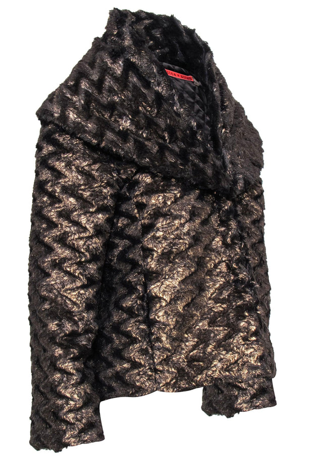 Current Boutique-Alice & Olivia - Bronze Faux Fur Cropped Jacket w/ Long Lapels & Pockets Sz S