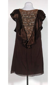 Current Boutique-Alice & Olivia - Brown Silk Beaded Ruffle Shift Dress Sz S