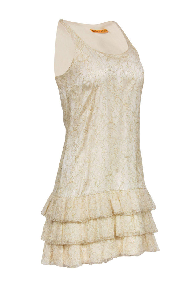 Current Boutique-Alice & Olivia - Cream & Gold Floral Lace Drop Waist Shift Dress w/ Ruffle Hem Sz XS