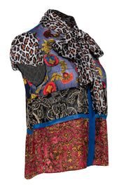 Current Boutique-Alice & Olivia - Floral & Leopard Patchwork Tie Neck Top Sz S