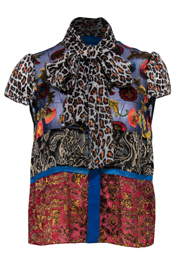Current Boutique-Alice & Olivia - Floral & Leopard Patchwork Tie Neck Top Sz S