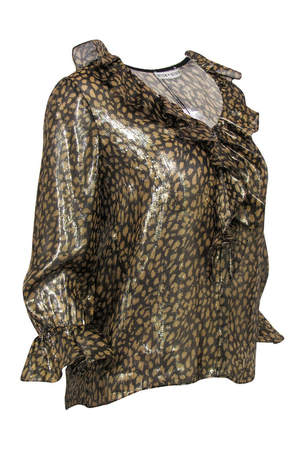 Current Boutique-Alice & Olivia - Gold Metallic Leopard Print Button-Up Ruffle Blouse Sz XS