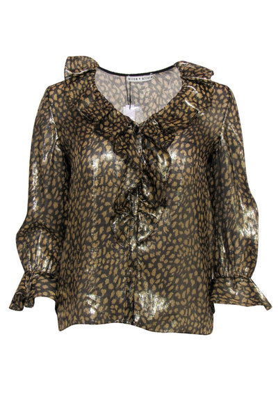 Current Boutique-Alice & Olivia - Gold Metallic Leopard Print Button-Up Ruffle Blouse Sz XS