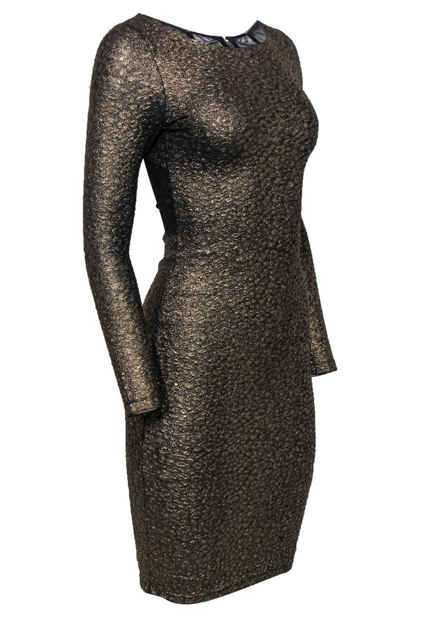 Current Boutique-Alice & Olivia - Gold & Sparkly Metallic Midi Dress w/ Mesh Paneling Sz XS
