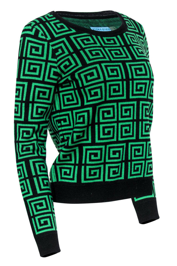 Current Boutique-Alice & Olivia - Green & Black Geometric Print Wool Sweater Sz M
