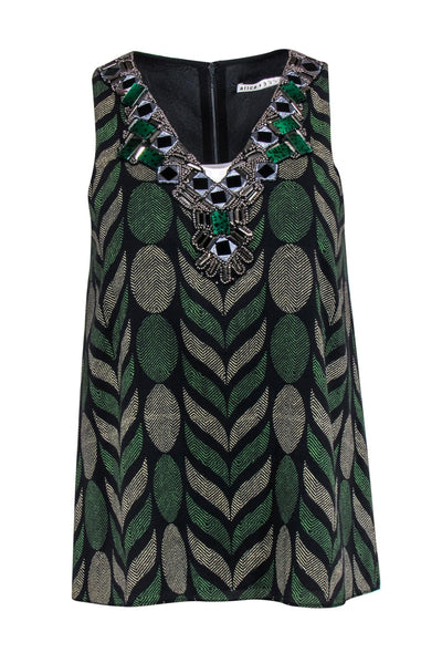 Current Boutique-Alice & Olivia - Green & Black Print Sleeveless Blouse w/ Jeweled Neckline Sz XS
