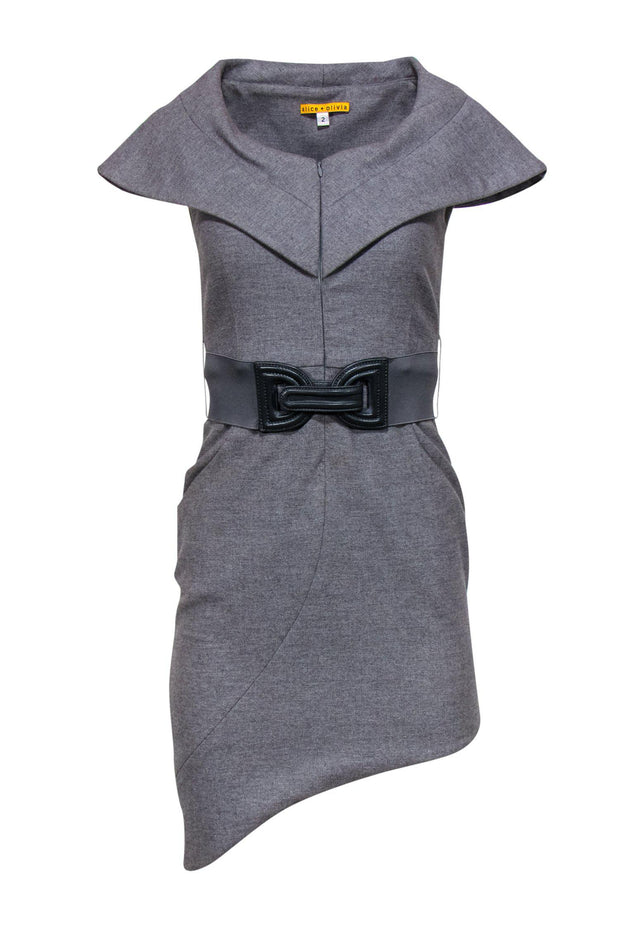 Current Boutique-Alice & Olivia - Grey Belted Sheath Dress w/ Asymmetrical Hem Sz 2