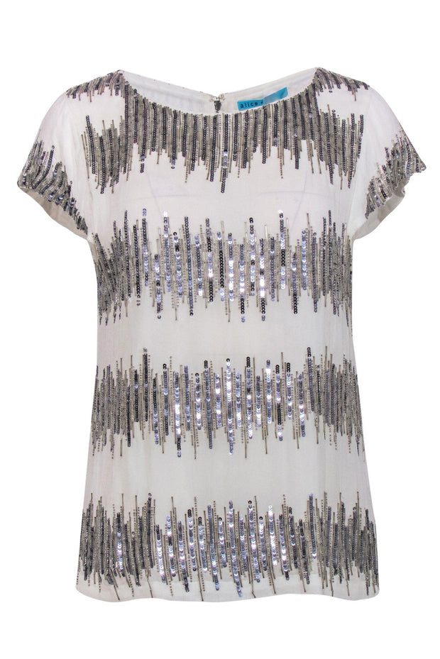 Current Boutique-Alice & Olivia - Ivory Beaded & Sequin Cap Sleeve Blouse Sz M