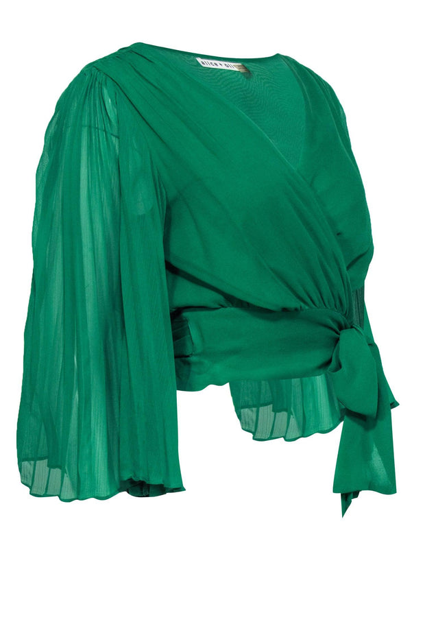 Current Boutique-Alice & Olivia - Kelly Green Pleated Silk Cropped Wrap Blouse Sz M