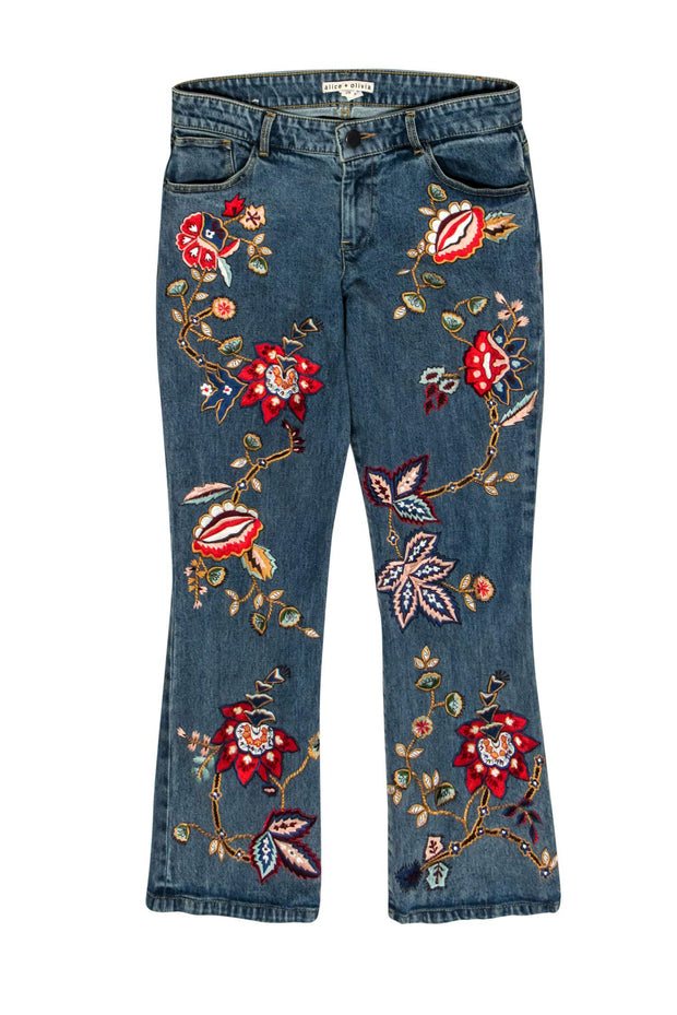 Current Boutique-Alice & Olivia - Medium Wash Straight Leg Jeans w/ Floral Embroidery Sz 28