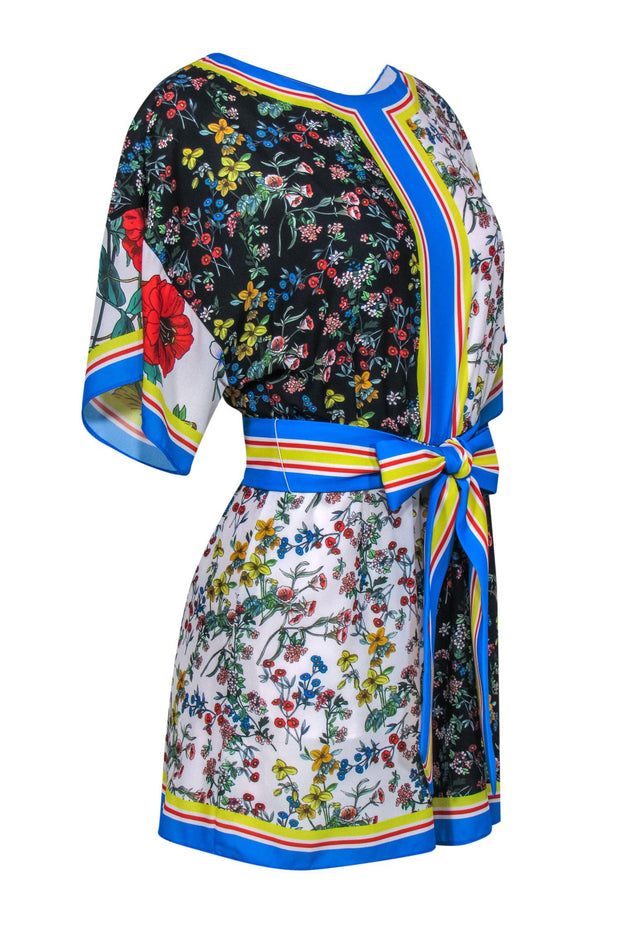Current Boutique-Alice & Olivia - Multicolor Patchwork Floral Print Belted Romper w/ Striped Trim Sz 2
