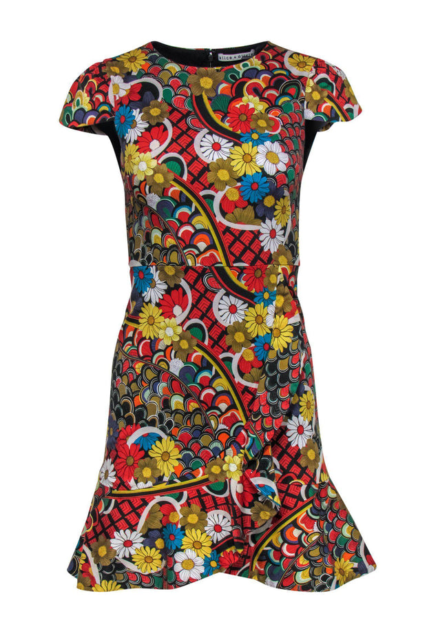 Current Boutique-Alice & Olivia - Multicolored Floral Print Cap Sleeve Ruffle Sheath Dress Sz 2