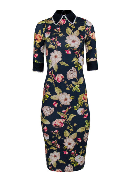 Current Boutique-Alice & Olivia - Navy Floral Collared Midi Dress w/ Lace Sz 0