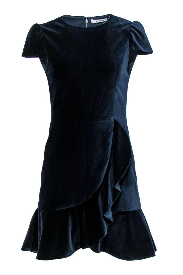 Current Boutique-Alice & Olivia - Navy Velvet Cap Sleeve Sheath Dress w/ Ruffle Skirt Sz 2