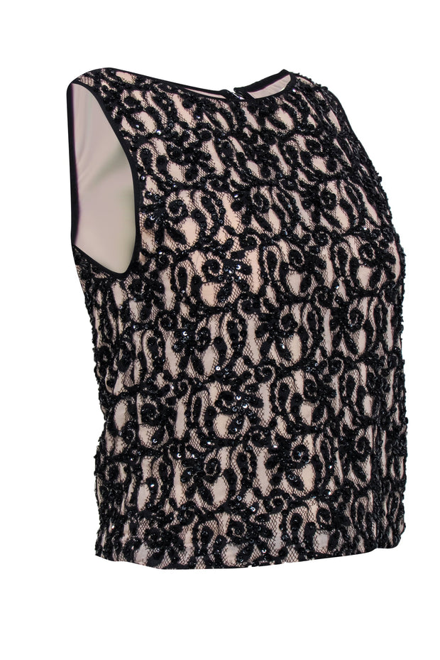 Current Boutique-Alice & Olivia - Nude Sleeveless Tank w/ Black Lace, Sequin, & Beaded Embellishment Sz S