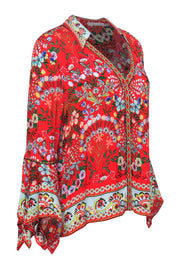 Current Boutique-Alice & Olivia - Red & Bright Floral Silk Collared Bell Sleeve Blouse Sz L