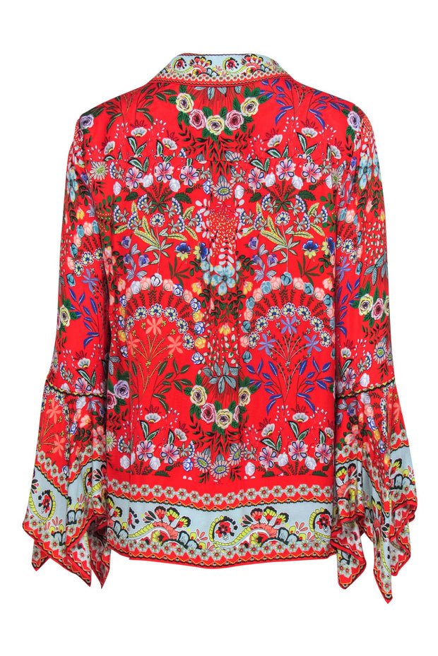 Current Boutique-Alice & Olivia - Red & Bright Floral Silk Collared Bell Sleeve Blouse Sz L