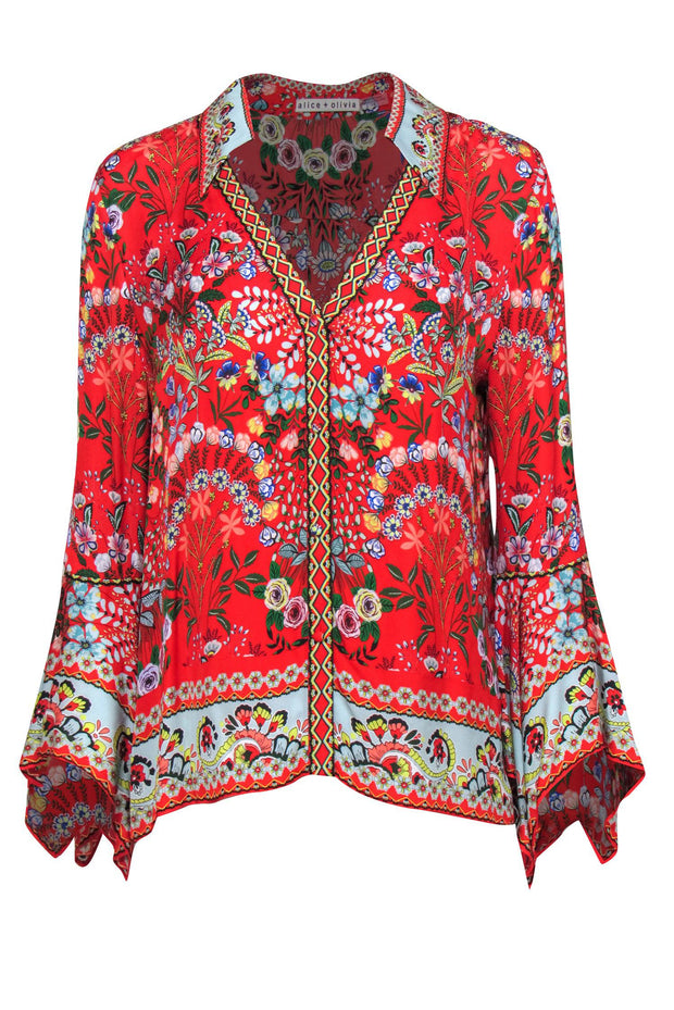 Current Boutique-Alice & Olivia - Red & Bright Floral Silk Collared Bell Sleeve Blouse Sz L