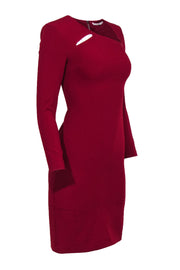 Current Boutique-Alice & Olivia - Red Crepe Fitted Sheath Cocktail Dress w/ Long Sleeves & Cut Out Sz 0