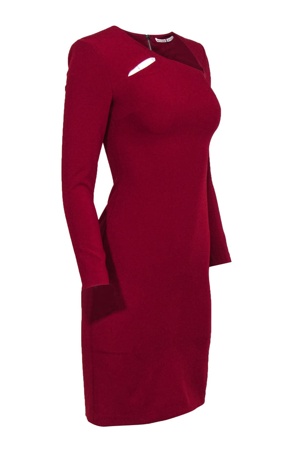 Current Boutique-Alice & Olivia - Red Crepe Fitted Sheath Cocktail Dress w/ Long Sleeves & Cut Out Sz 0
