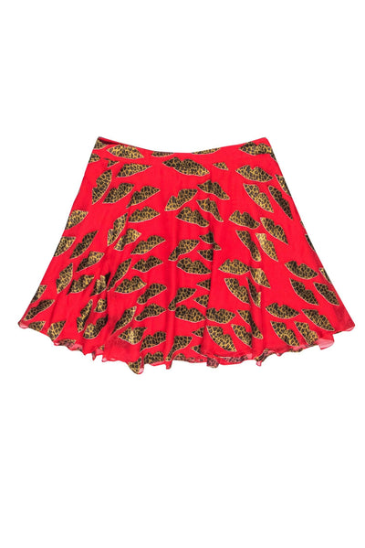 Current Boutique-Alice & Olivia - Red Flare Miniskirt w/ Cheetah Print Lips Sz 10
