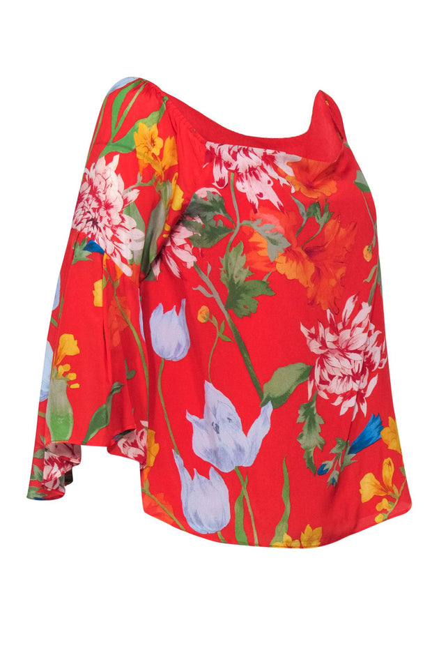 Current Boutique-Alice & Olivia - Red & Multicolor Floral Print Bell Sleeve Silk Blouse Sz L